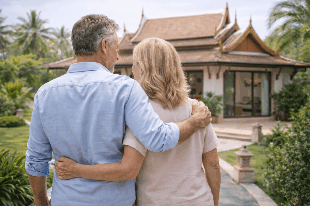 Retired couple in front of their home in Thailand